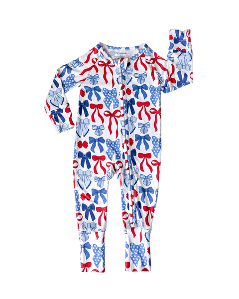 Bamboo Zip Romper | Red-White & Bows - PREORDER