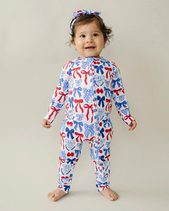 Bamboo Zip Romper | Red-White & Bows - PREORDER