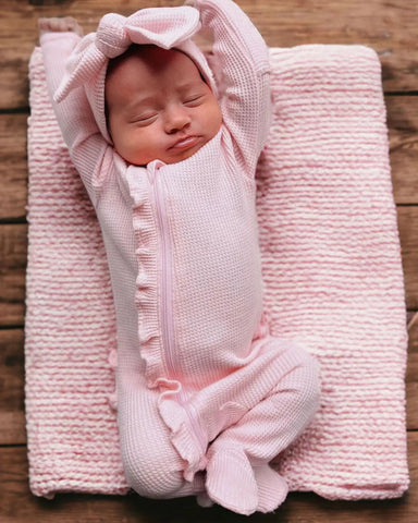 Waffle Zip Ruffle Footie Romper | Blush - PREORDER