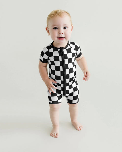 Checkered Bamboo Shorty Romper | Black - PREORDER