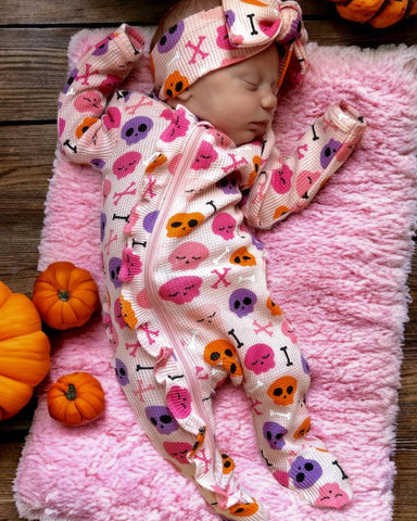 Waffle Zip Ruffle Footie Romper | Pink Candy Skulls - PREORDER