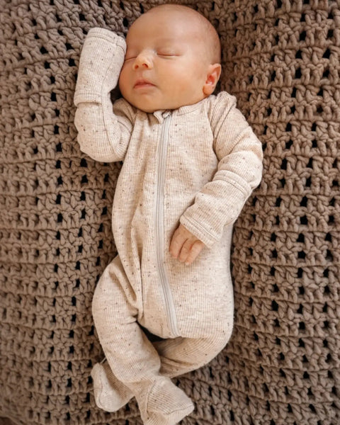 Speckle Zip Footie Romper | Tan - PREORDER
