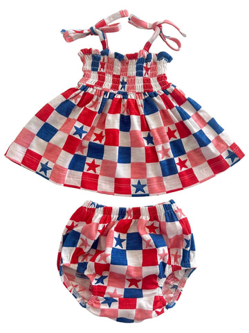 Smocked Ruffle Top & Bloomer Set | USA Checkerboard & Stars - PREORDER