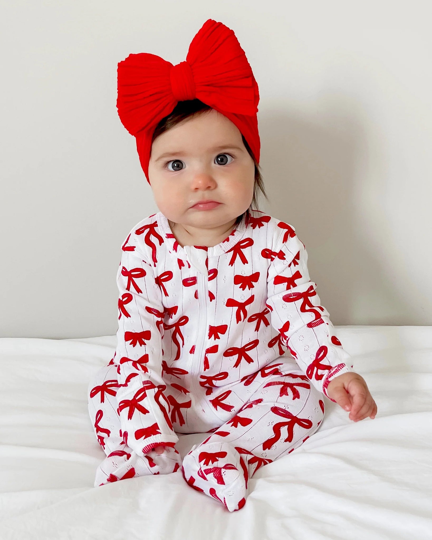 Organic Pointelle Zip Footie | Red Bows - PREORDER