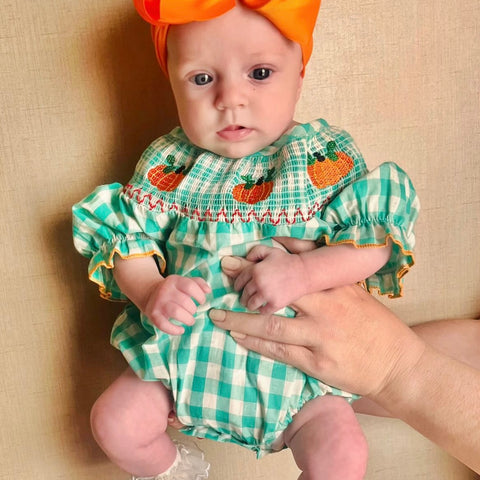 Plaid Pumpkins Puff Sleeve Embroidered Rompers (5 Colors) - PREORDER