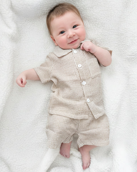 Stripe Collar Top & Shorts Set | Brown - PREORDER