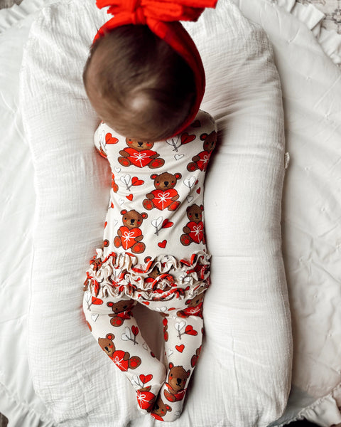Zip Ruffle Footie Romper | Valentine Bear - PREORDER