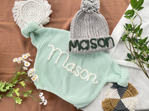 Yarn *CUSTOM* Name Chunky Knit Sweater & Hat Combo | 16 Color Sweaters & 6 Color Hats
