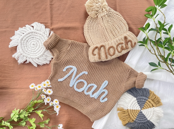 Yarn *CUSTOM* Name Chunky Knit Sweater & Hat Combo | 16 Color Sweaters & 6 Color Hats
