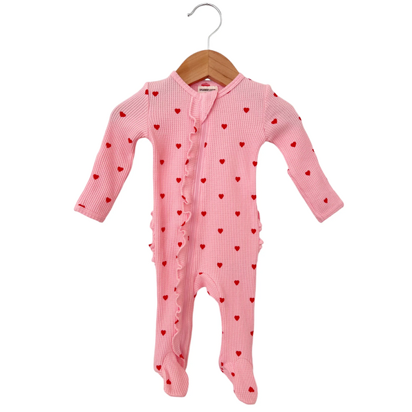Waffle Zip Ruffle Footie Romper | Little Red Heart - PREORDER