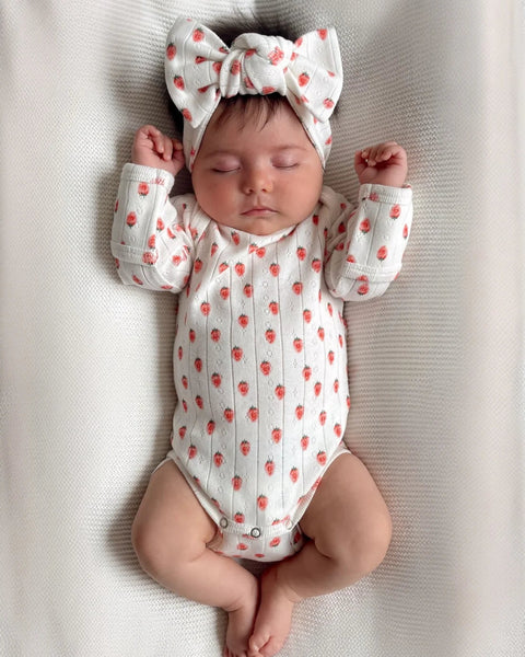 Organic Pointelle Long Sleeve Bodysuit | White Strawberry - PREORDER