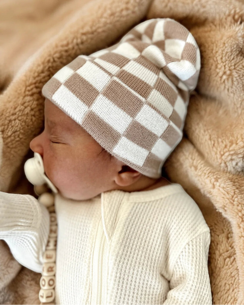 Baby's First Hat | Tan/Warm White Checkerboard - PREORDER