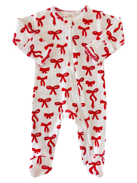 Organic Pointelle Zip Footie | Red Bows - PREORDER