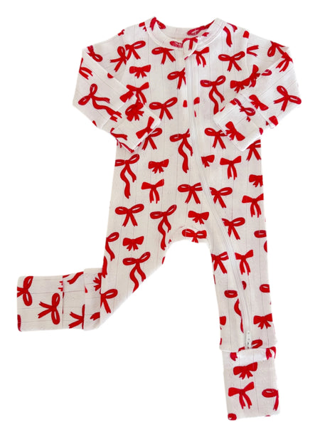 Organic Pointelle Zip Romper | Red Bows - PREORDER