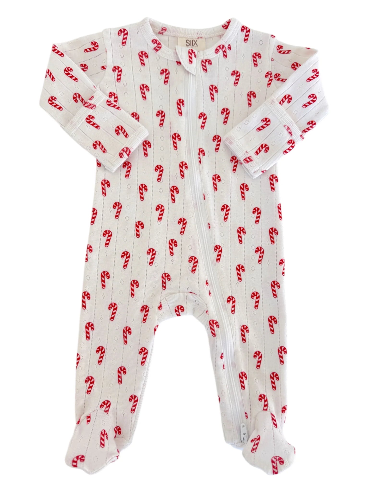 Organic Pointelle Zip Footie | White Candy Cane - PREORDER