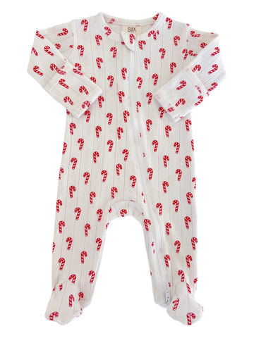 Organic Pointelle Zip Footie | White Candy Cane - PREORDER