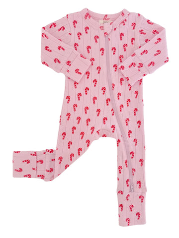 Organic Pointelle Zip Romper | Pink Candy Cane - PREORDER