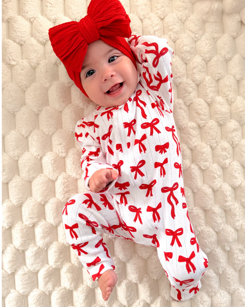 Organic Pointelle Zip Romper | Red Bows - PREORDER