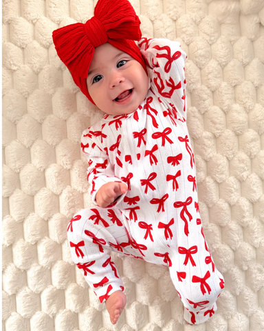 Organic Pointelle Zip Romper | Red Bows - PREORDER