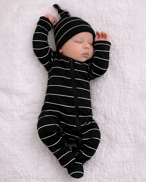 Ribbed Zip Footie Romper | Black/White Stripe - PREORDER