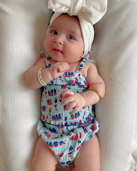 4th of July Smocked Ruffle Top & Bloomer Set | Blue - PREORDER