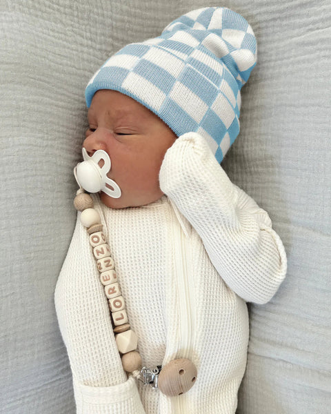 Baby's First Hat | Blue/Warm White Checkerboard - PREORDER