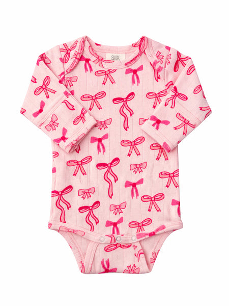 Organic Pointelle Long Sleeve Bodysuit | Pink Bows - PREORDER