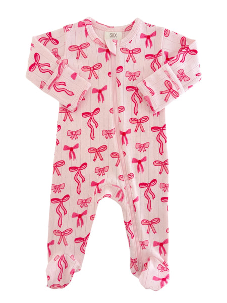 Organic Pointelle Zip Footie | Pink Bows - PREORDER