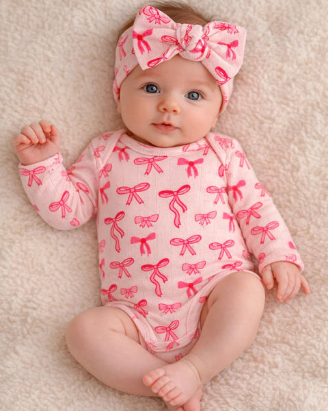Organic Pointelle Long Sleeve Bodysuit | Pink Bows - PREORDER