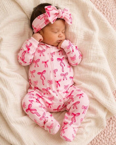 Organic Pointelle Zip Footie | Pink Bows - PREORDER