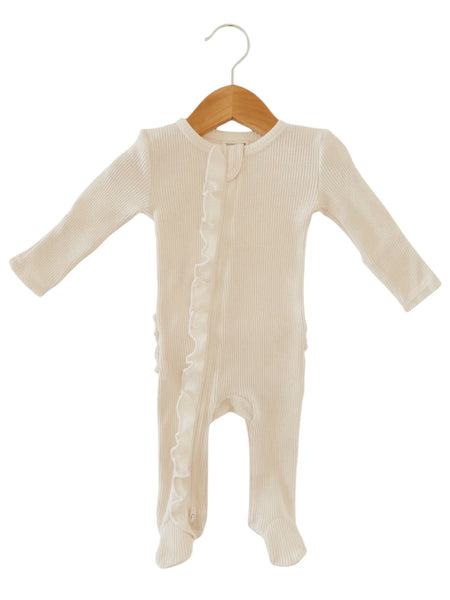 Waffle Zip Ruffle Footie Romper | Snow - PREORDER