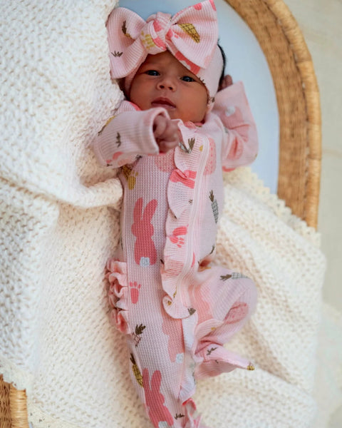 Waffle Zip Ruffle Footie Romper | Pink Cottontail - PREORDER