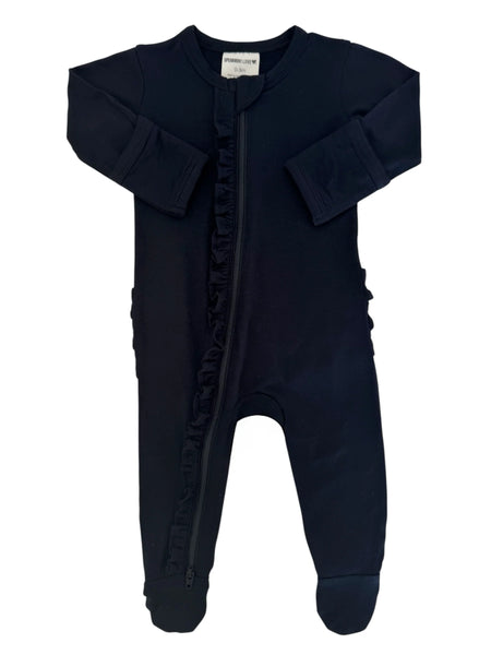 Zip Ruffle Footie Romper | Black - PREORDER
