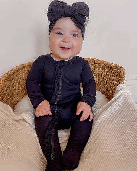 Zip Ruffle Footie Romper | Black - PREORDER