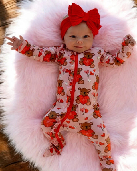 Zip Ruffle Footie Romper | Valentine Bear Pink - PREORDER