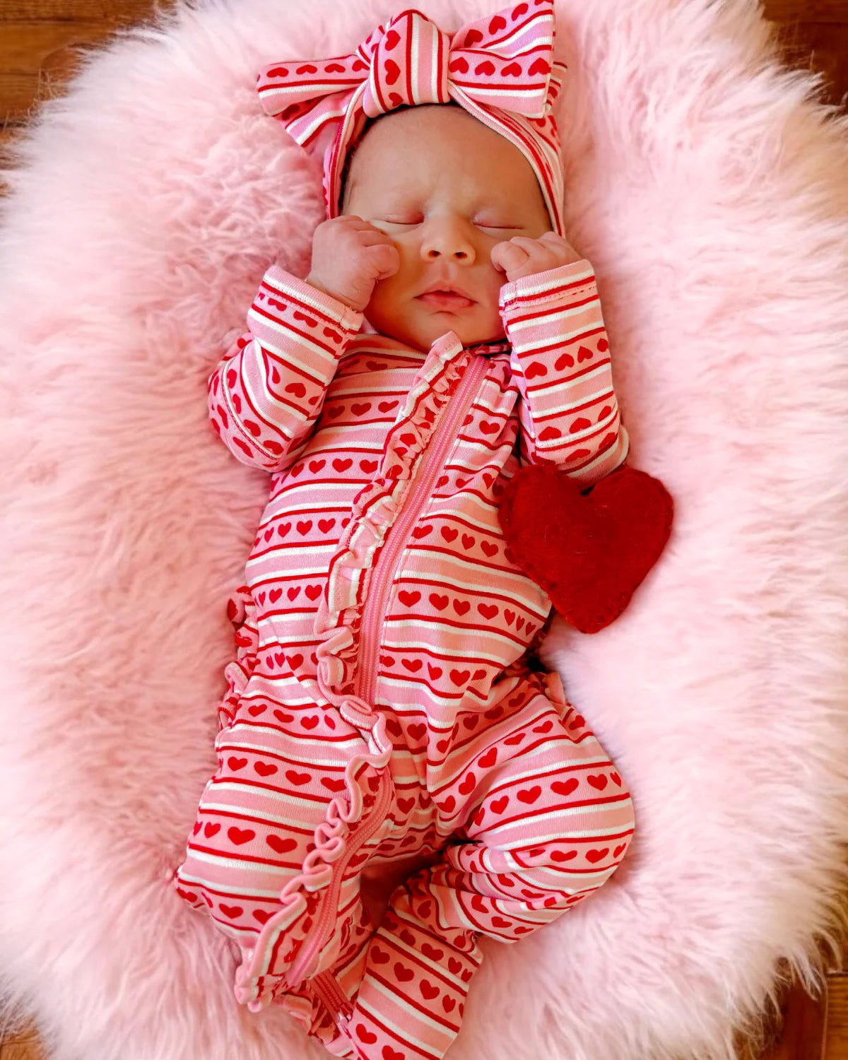 Zip Ruffle Footie Romper | Valentine Stripe - PREORDER