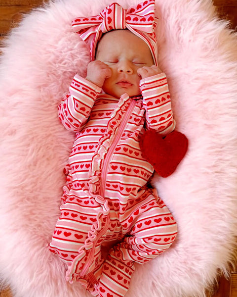 Zip Ruffle Footie Romper | Valentine Stripe - PREORDER
