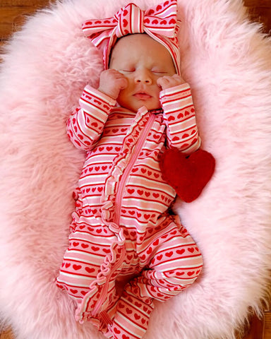 Zip Ruffle Footie Romper | Valentine Stripe - PREORDER