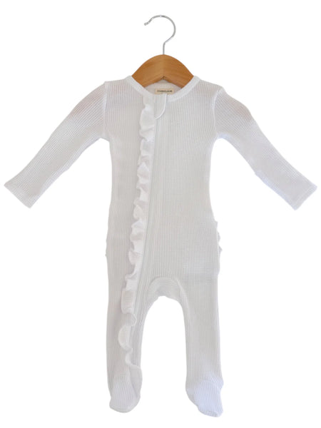 Waffle Zip Ruffle Footie Romper | Lucent White - PREORDER