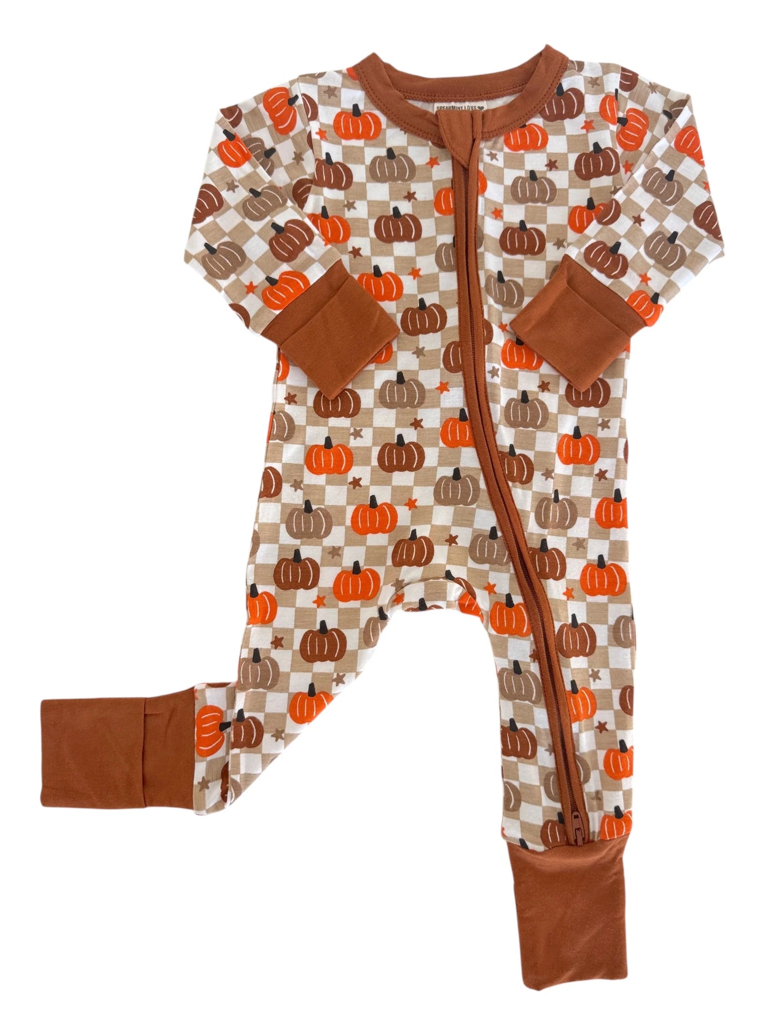 Zip Romper | Brown Pumpkin Checkerboard - PREORDER