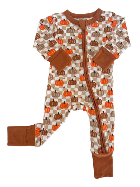 Zip Romper | Brown Pumpkin Checkerboard - PREORDER