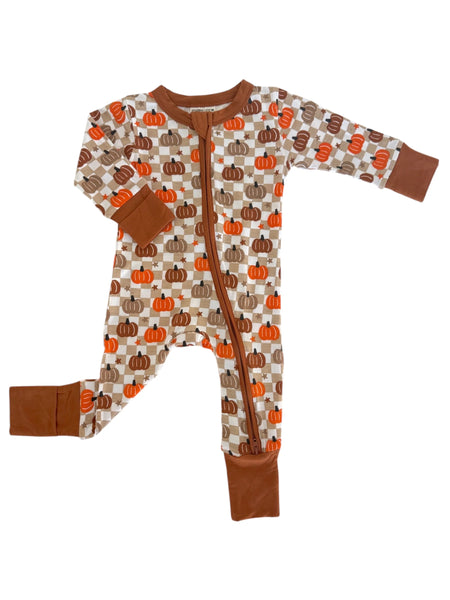 Zip Romper | Brown Pumpkin Checkerboard - PREORDER