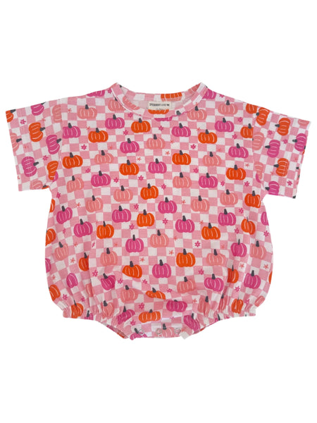 T-Shirt Bubble Romper | Pink Pumpkin Checkerboard - PREORDER