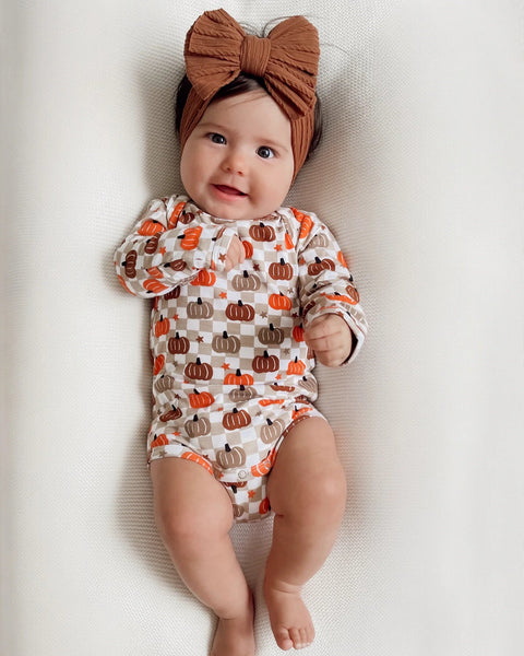 Long Sleeve Bodysuit | Brown Pumpkin Checkerboard - PREORDER
