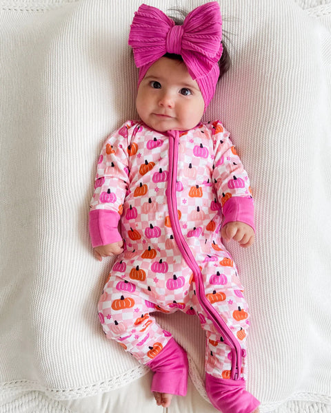 Zip Romper | Pink Pumpkin Checkerboard - PREORDER