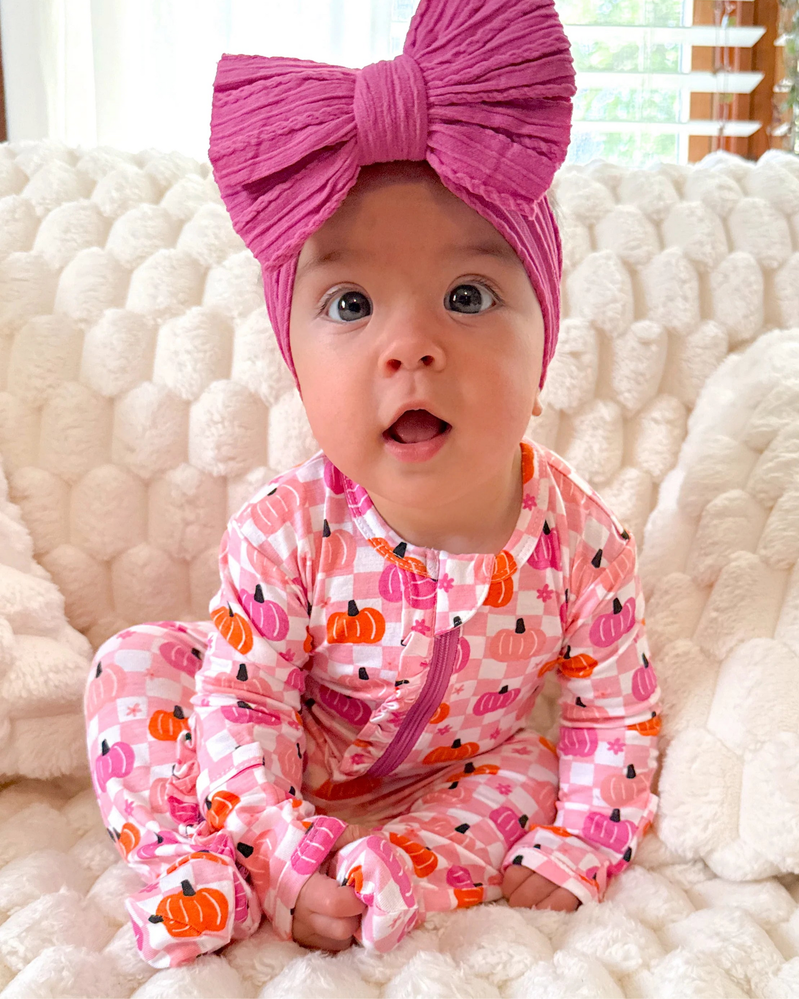 Zip Ruffle Footie Romper | Pink Pumpkin Checkerboard - PREORDER