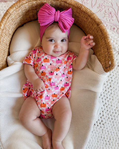 T-Shirt Bubble Romper | Pink Pumpkin Checkerboard - PREORDER