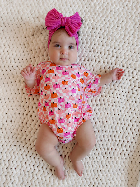 T-Shirt Bubble Romper | Pink Pumpkin Checkerboard - PREORDER