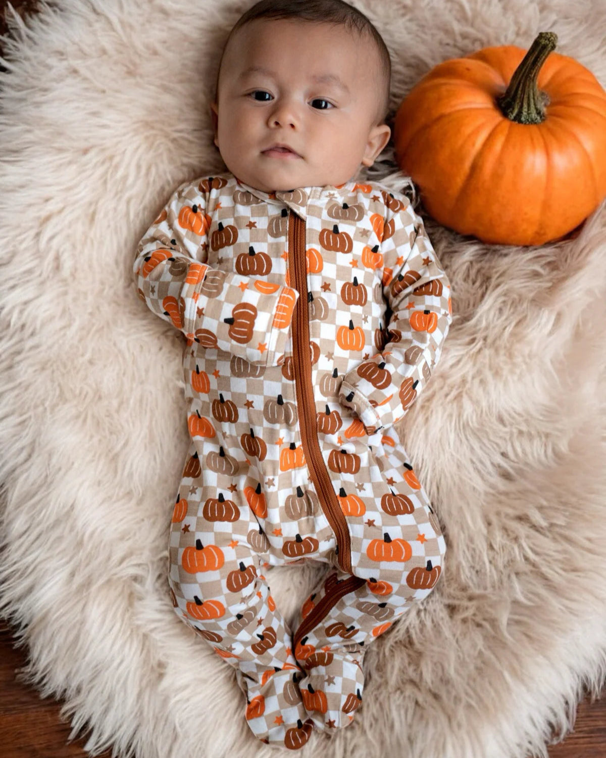 Zip Footie Romper | Brown Pumpkin Checkerboard - PREORDER