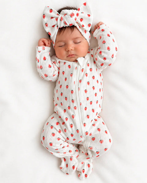Organic Pointelle Zip Footie | White Strawberry - PREORDER